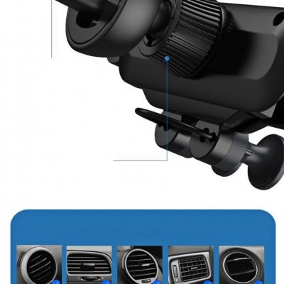 Suporte de telemóvel para automóvel preto com imagens de compatibilidade com grelhas de ventilação.