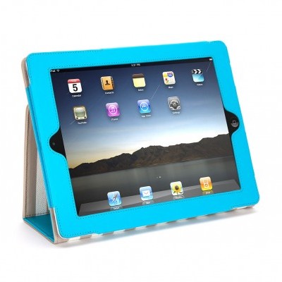 Tablet com capa azul claro e ecrã com ícones de aplicações