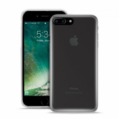 iPhone com capa preta translúcida mostrando ecrã frontal e traseira com logotipo Apple