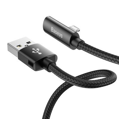 Cabo USB com conector USB tipo A e conector Lightning preto com revestimento em nylon.