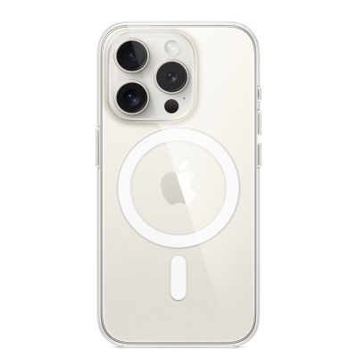 Smartphone Apple iPhone branco com capa transparente e anel MagSafe