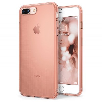 Smartphone iPhone com capa transparente rosa e ecrã ligado
