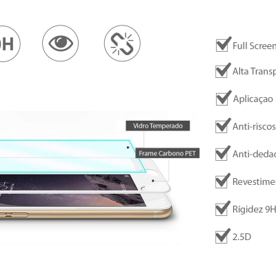 película protetora de ecrã para smartphone com texto descritivo das características