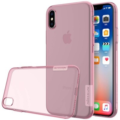 Capa transparente com bordas rosa para iPhone com recortes para botões e câmaras.