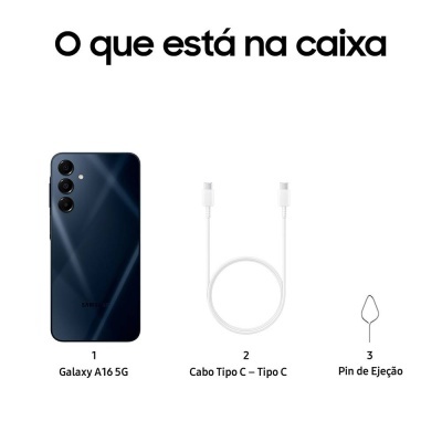 Conteúdo da caixa de um Galaxy A16 5G mostrando o telemóvel preto, cabo Tipo C branco e pin de ejeção metálico.