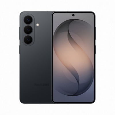 Smartphone Samsung preto visto de frente e traseira com três câmaras ecrã com moldura fina.
