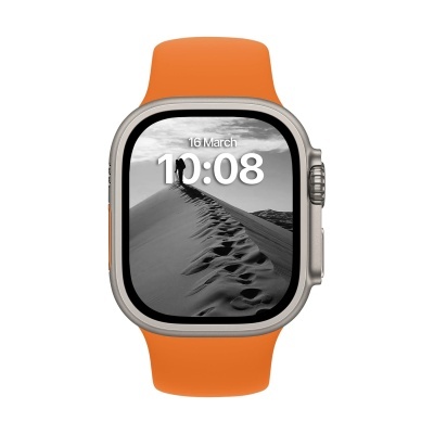 Relógio inteligente com bracelete laranja e ecrã digital com data e hora