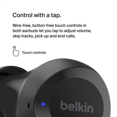 Auricular sem fios preto da marca belkin com texto sobre controlo por toque