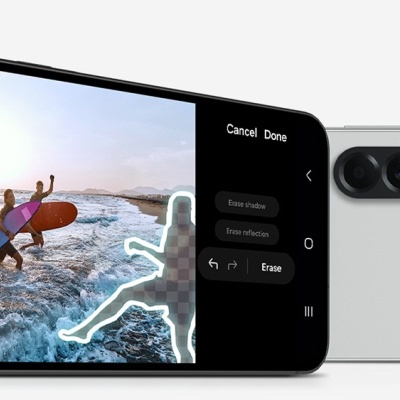 Smartphone cinzento claro com câmara tripla e ecrã com foto e opções de edição