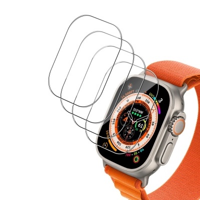 Relógio inteligente com bracelete cor de laranja e protetores de ecrã transparentes