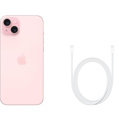 Smartphone cor de rosa com duas câmaras e cabo USB-C branco