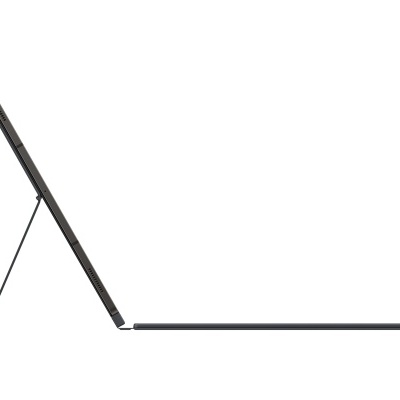 Computador portátil preto aberto visto de perfil com suporte traseiro