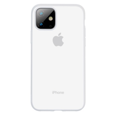 Smartphone iPhone branco visto pela parte de trás com logotipo Apple e câmera dupla