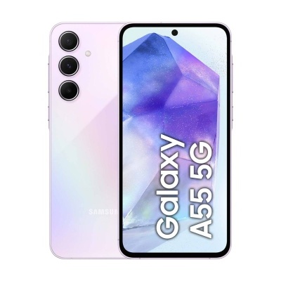 Smartphone Samsung Galaxy A55 5G cor lilás com três câmaras traseiras e ecrã frontal com texto