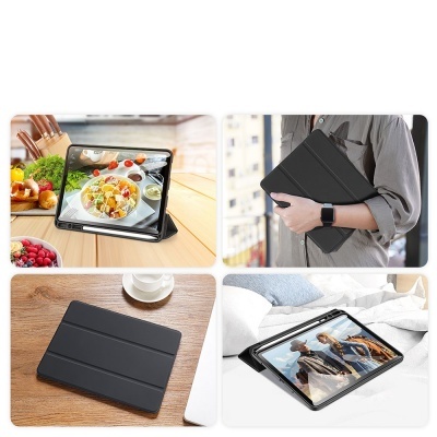 Capa preta para tablet com design dobrável mostrada em diferentes ambientes