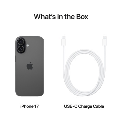 iPhone 17 cinzento escuro e cabo USB-C branco com texto Whats in the Box no topo