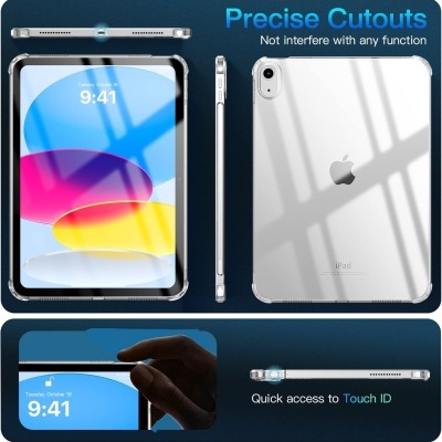 Tablet iPad com capa transparente e texto Precise Cutouts e Quick access to Touch ID