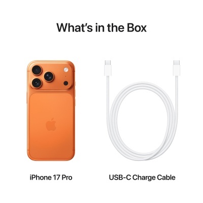 iPhone 17 Pro cor laranja com três câmaras e cabo USB-C branco sobre fundo branco