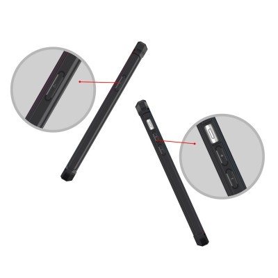 Dispositivo preto com botões visível de lado em fundo branco