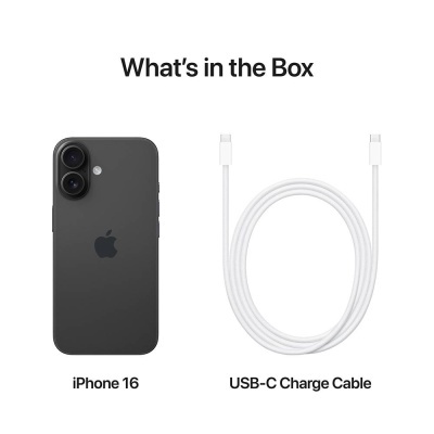 iPhone 16 preto e cabo USB-C branco com texto explicativo em fundo branco