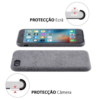 Capa de smartphone cinzenta de tecido com proteções para ecrã e câmara