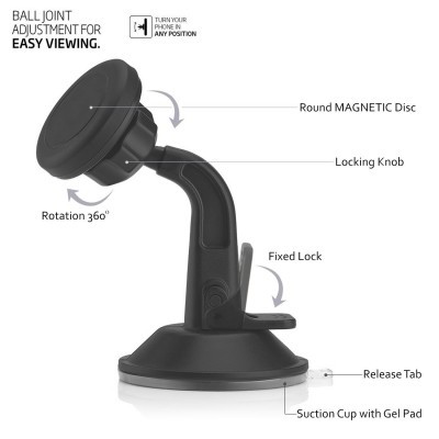 Suporte de telemóvel magnético preto com ventosa e ajustes 