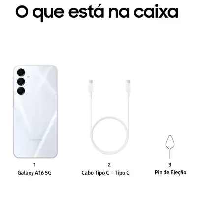 Conteúdo da caixa Galaxy A16 5G com telefone branco, cabo tipo C e pin de ejeção.