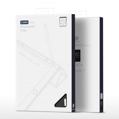 Embalagem de capinha protetora para iPad com texto e ilustração