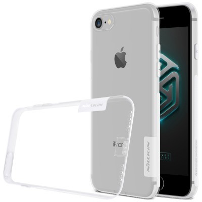 Capa transparente para iPhone com bordas brancas e logótipo Nillkin ao lado de iPhone