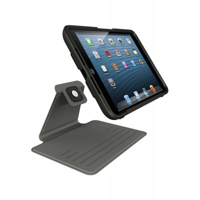 Suporte cinza para tablet com tablet preto mostrando ícones de aplicações