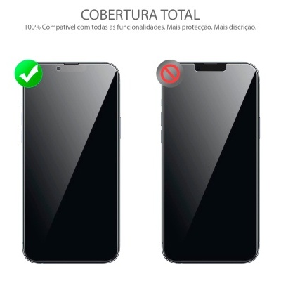 Dois smartphones pretos com símbolos de aprovação e rejeição, texto COBERTURA TOTAL e descrição em português