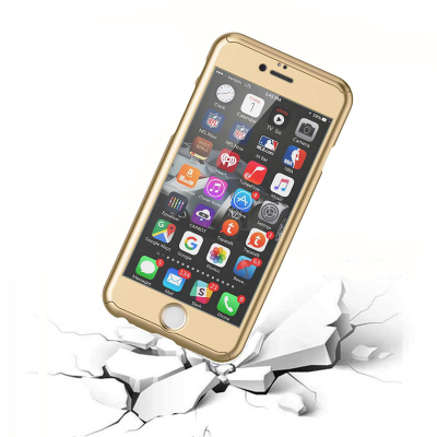 Smartphone dourado com ícones de apps e rachaduras no chão