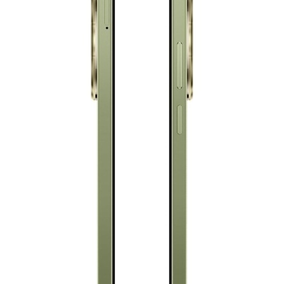 Smartphone verde visto de perfil com botões laterais e câmara traseira saliente dourada