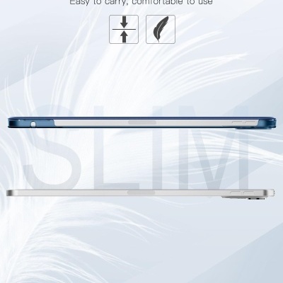 Dois dispositivos eletrónicos finos em perfil, um azul escuro outro prateado