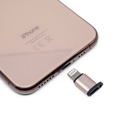 iPhone dourado claro com adaptador Lightning preto e prateado ao lado