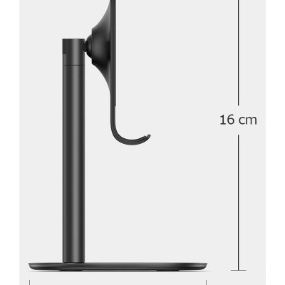 Suporte de telefone móvel preto com dimensões de 16 cm altura e 9,7 cm largura