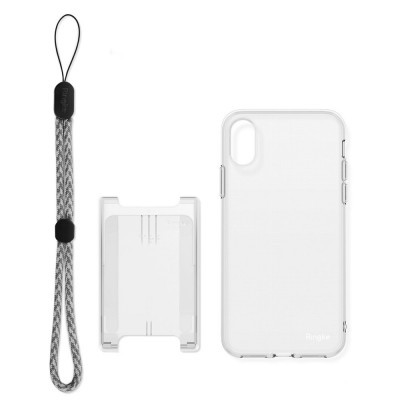 Pulseira, suporte plástico e capa de telemóvel translúcida