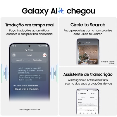 Anúncio Galaxy AI com funcionalidades de tradução, pesquisa Circle to Search e assistente de transcrição em telemóveis