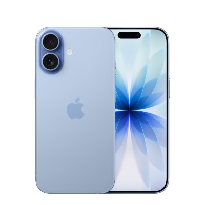 Smartphone azul claro com câmaras duplas e ecrã frontal com imagem floral.