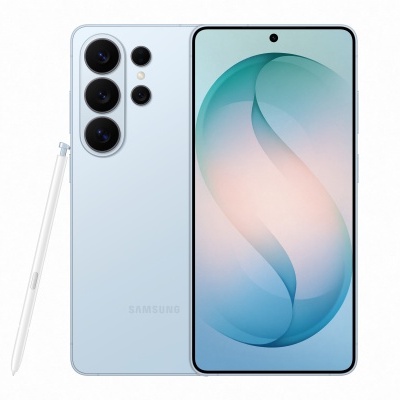 Smartphone Samsung azul claro com caneta branca e quatro câmaras