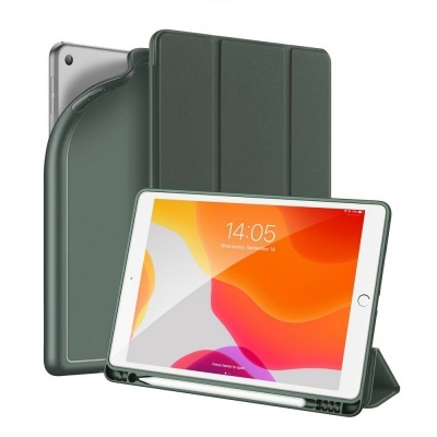 Capa de tablet verde escuro com suporte e lápis digital