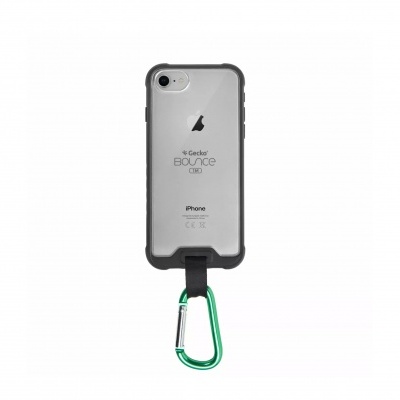 Capa transparente para iPhone com bordas cinza e mosquetão verde