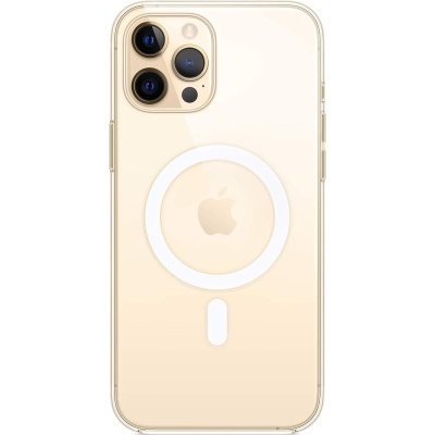 Capa transparente para smartphone dourado com três câmeras e logótipo Apple
