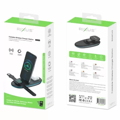 Caixas do carregador sem fios dobrável RIXUS RXWC43 em preto e verde com texto e imagem do produto