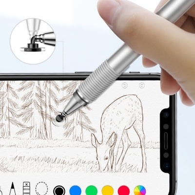 Caneta stylus prateada a desenhar num smartphone com ilustração de veado