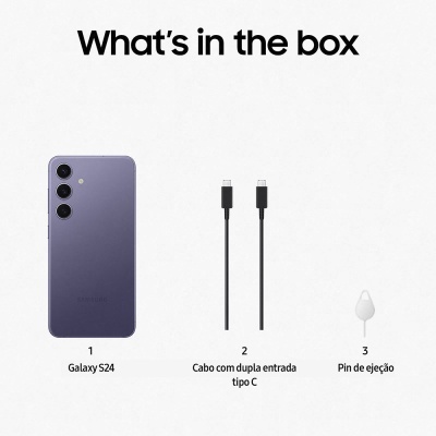 Itens incluídos na caixa de um Samsung Galaxy S24 com cabos tipo C e pin de ejeção