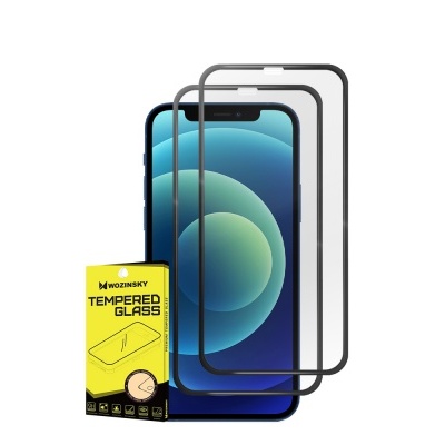 Películas protetoras de vidro temperado para smartphone e caixa amarela com texto.