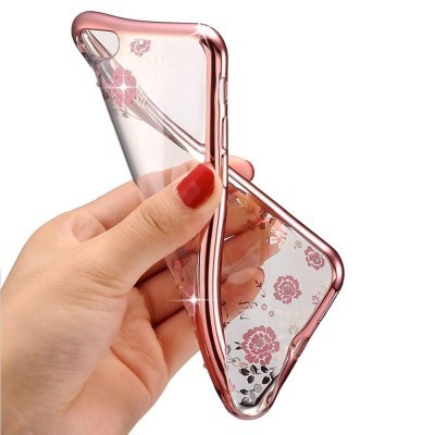 Capa transparente flexível para telemóvel com bordas rosa metálicas e padrão floral