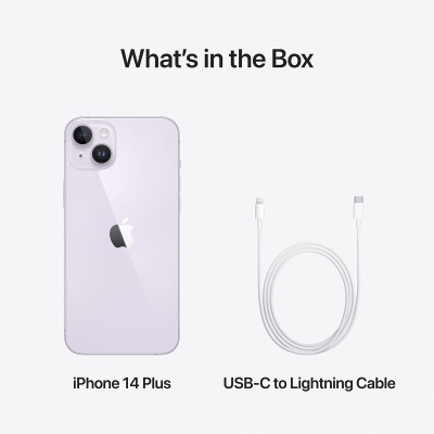 iPhone 14 Plus roxo claro e cabo USB-C para Lightning em fundo branco