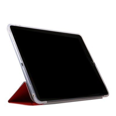 Tablet com capa protetora translúcida e suporte vermelho